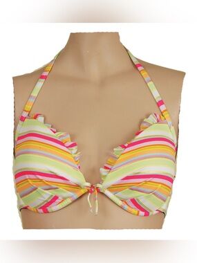 Victoria's Secret 32D Push-Up Bikini Top Neon Shimmer Stripe Halter Ocean Y2K